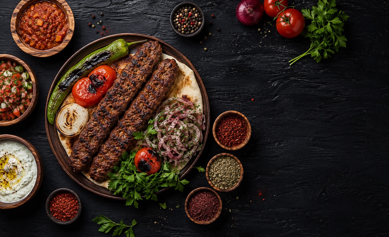 Siyah zeminde profesyonel Adana kebap tabağı