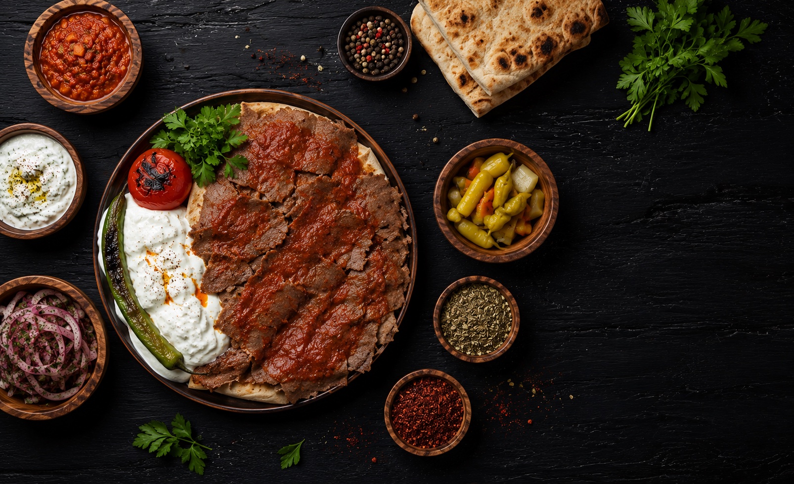 Siyah zeminde profesyonel İskender tabağı